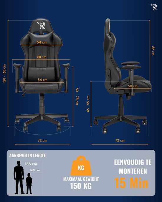 Ranqer Felix – Chaise gaming avec dossier et accoudoirs réglables – Siège gamer Noir