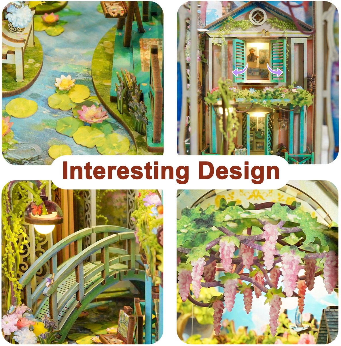 Tonecheer Giverny Garden Book Nook Bouwpakket - Modelbouw - 19 x 9,8 x 26,9 cm - Houten 3D Puzzel - Boekensteun - LED-licht - Bewegingssensor Licht - Boekenhouder — afbeelding 3