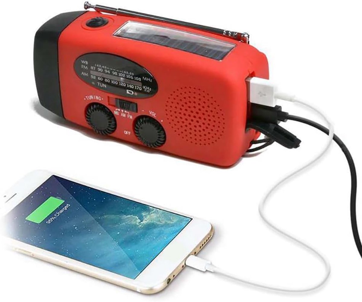 Noodradio Zaklamp - Weerstation Radio - Buiten Activiteiten - Zonne-energie Opladen - 15 x 8 x 6 cm - Rood