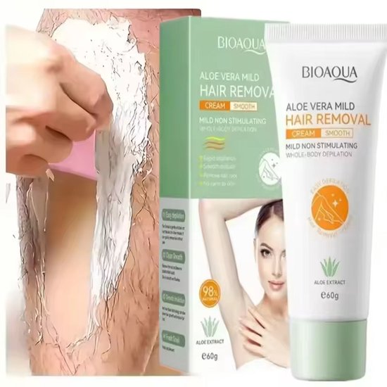 BIOAQUA Aloë Vera milde ontharingscrème, met productverpakking en een close-up van het aanbrengen.
