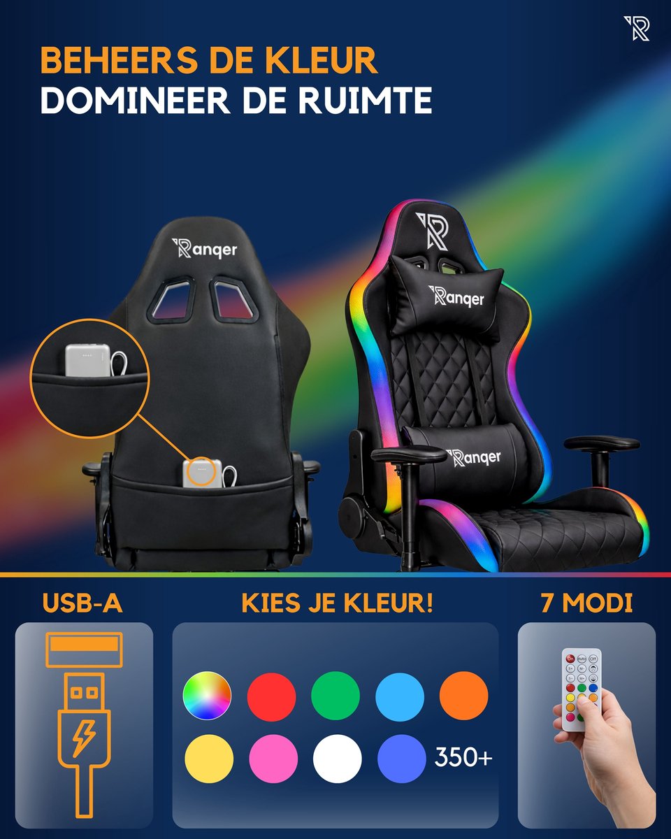 Ranqer Halo Gamestoel RGB Zwart met LED Verlichting - afbeelding 3