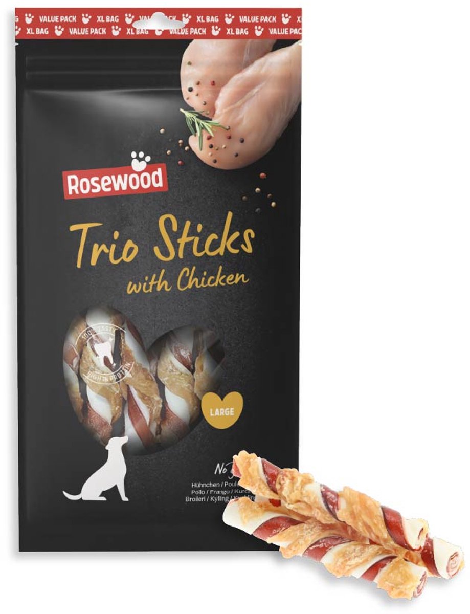 Rosewood Trio Sticks Hondensnack Kip Large – Stevige Kauwsticks van Runderhuid – Voordeelverpakking 800 g – Graanvrij – Zonder Kunstmatige Toevoegingen