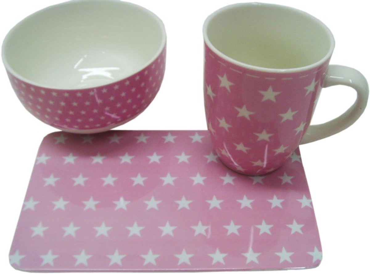 Ontbijtservies Set - Koffieset Mok Kom - Ontbijten Thuis - Sterren Print - 500ml Beker - Roze
