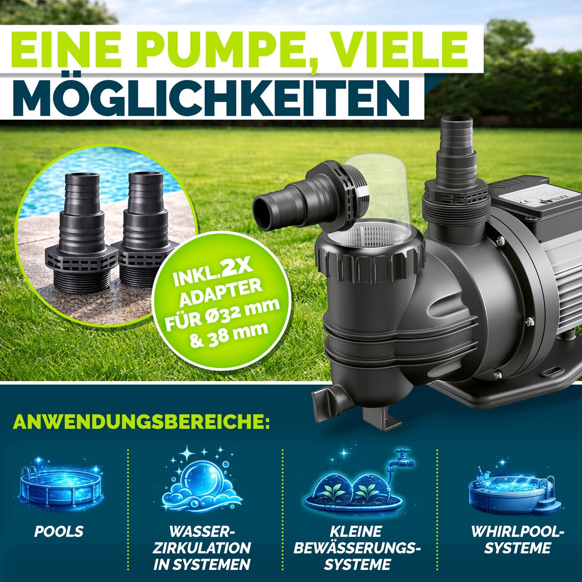 tillvex® Filterpompe Zwembad 9.500L/u & 550W | Zwembadpomp Opvoerhoogte max. 10m | Poolfilter Circulatiepomp voor 40m³ Zwembaden | Zwembadpomp Zelfinzuigend voor Opzetzwembad Spa met Voorfilter – foto 4