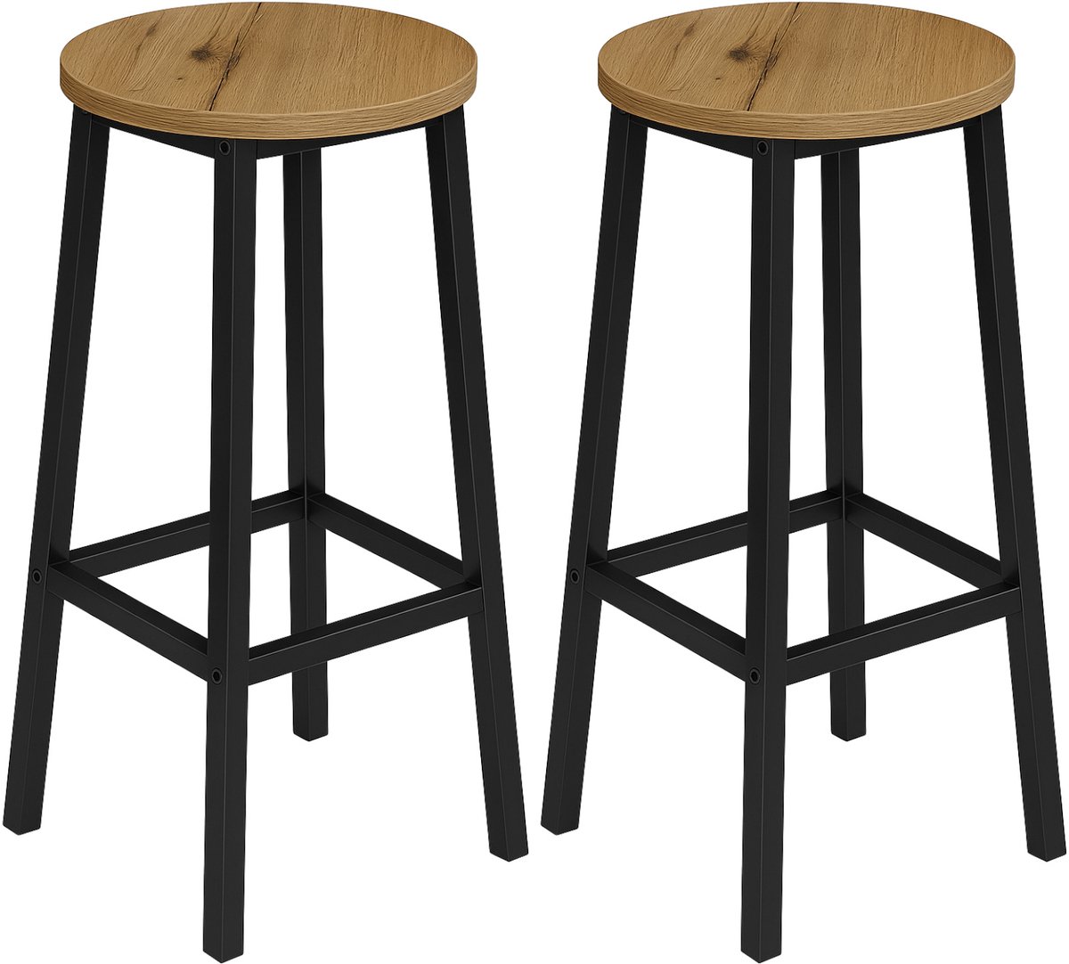 BEGRYF Set van 2 Barkrukken - Elzenkleur - Rond Zitvlak - Met Voetsteun - 32x32x65 cm - Industrieel Design - Houtlook Zitting