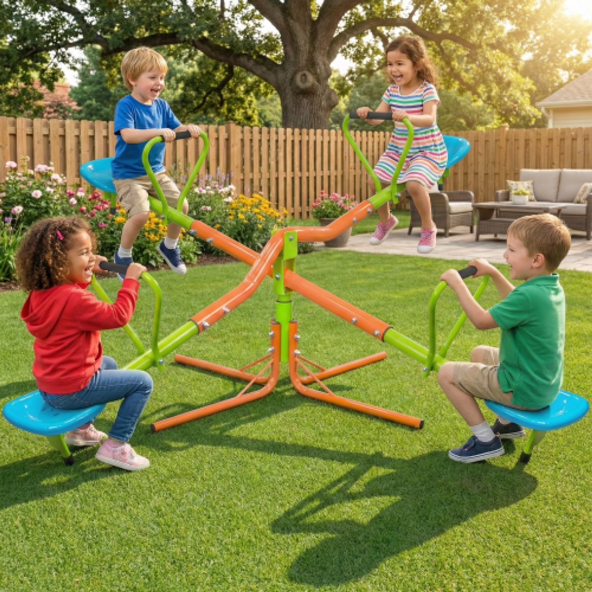 KORFFRE Wipwap voor kinderen - 4-zits - 360 graden draaibaar - 190 x 190 x 100 cm - tuinwip voor buiten - speeltoestel - kunststof zitjes - stalen frame - vanaf 3 jaar - groen