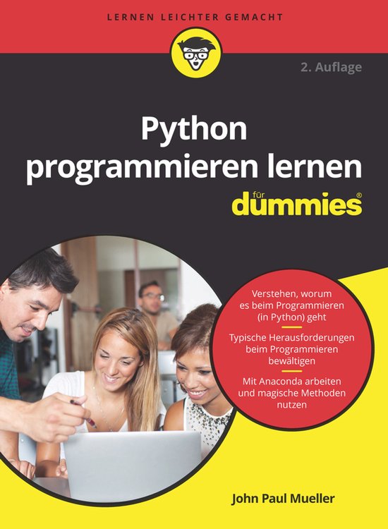 Boek "Python programmieren lernen für Dummies" met 3 personen kijkend naar een laptop. Tekst: "Lernen leichter gemacht".