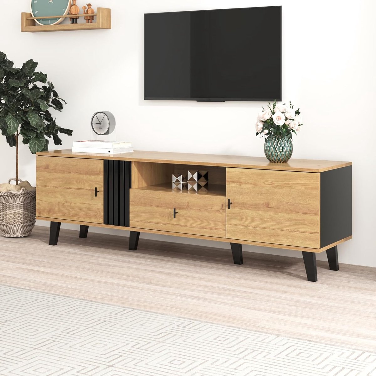 TV Kast - Lowboard Meubel - Woonkamer Opbergen - Hout Zwart Design - 170 cm Breed