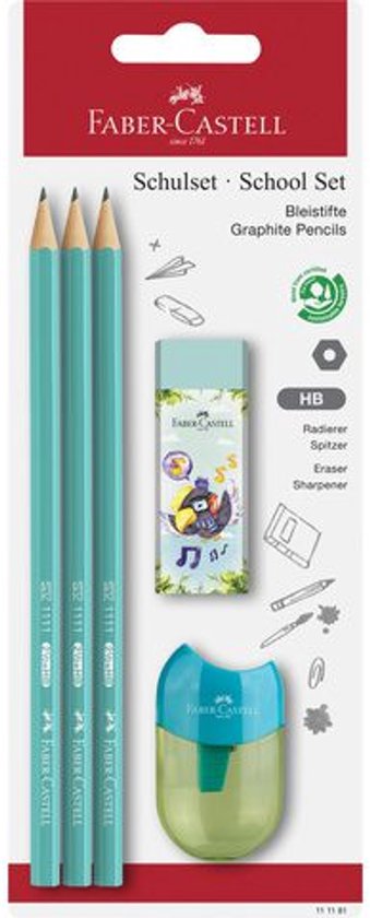Faber-Castell Schoolset met vier mintgroene grafietpotloden, een gum en een mintgroene puntenslijper.