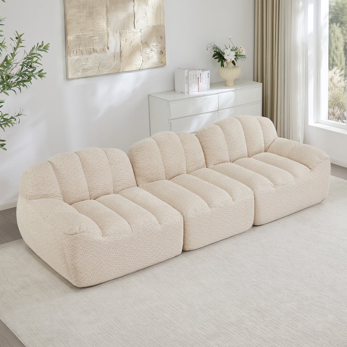 HAUSS SPOLE Hoekbank - Modulair Bankstel - Frameloos Design Met Diepe Zit En Ottoman - Voor Woonkamer En Appartement - Cord Beige Wit