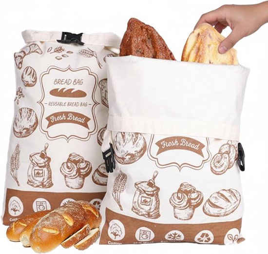 Sac à pain en cire d'abeille - Sacs à pain en lin et cire d'abeille - Réutilisable - Sacs à pain portables - Sacs de rangement pour baguette - Met gesp - Prolonge la durée de conservation du pain - 32 x 42 cm - 2 pièces