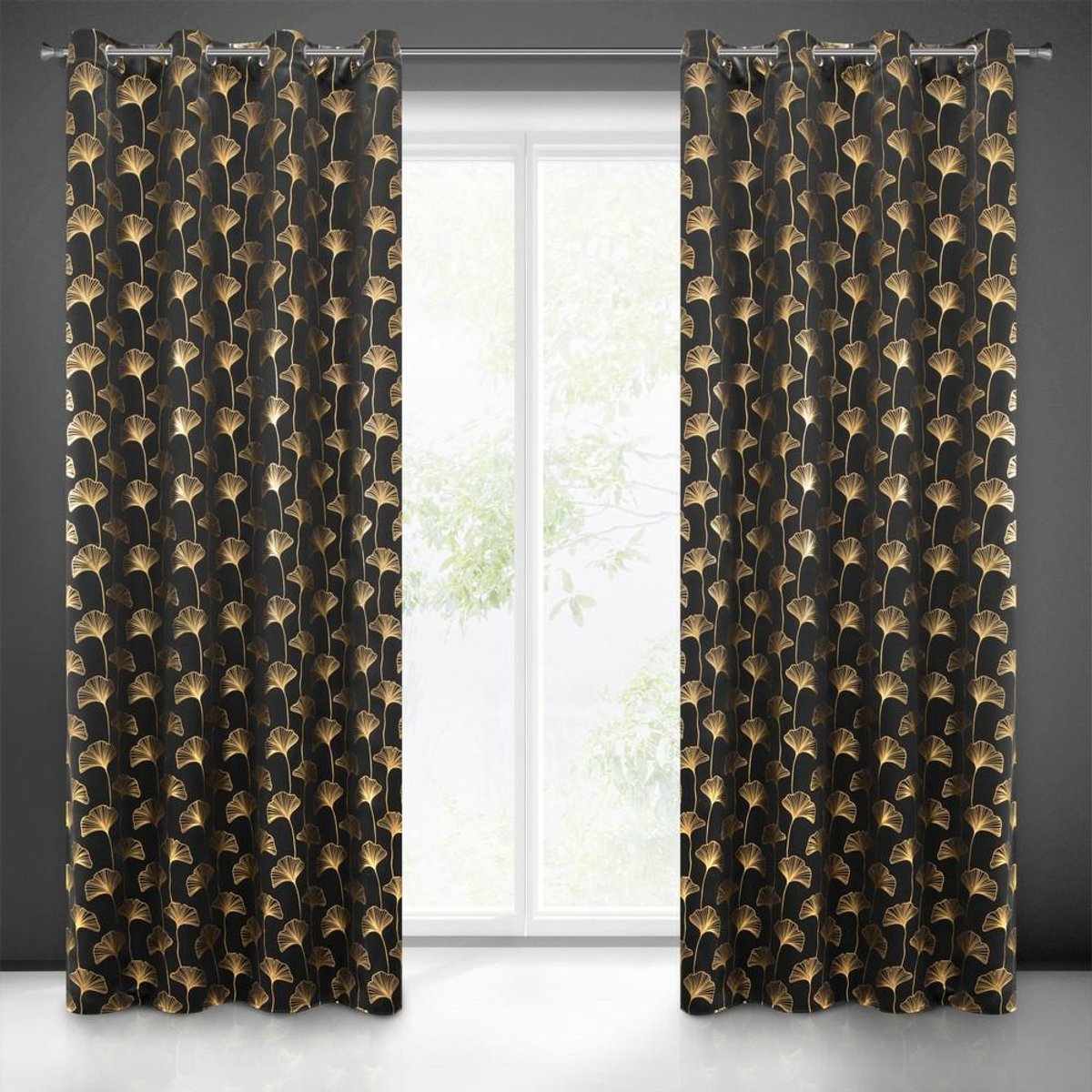 Eurofirany Clara - Gordijn - 135x250 - Zwart met Gouden Bladeren