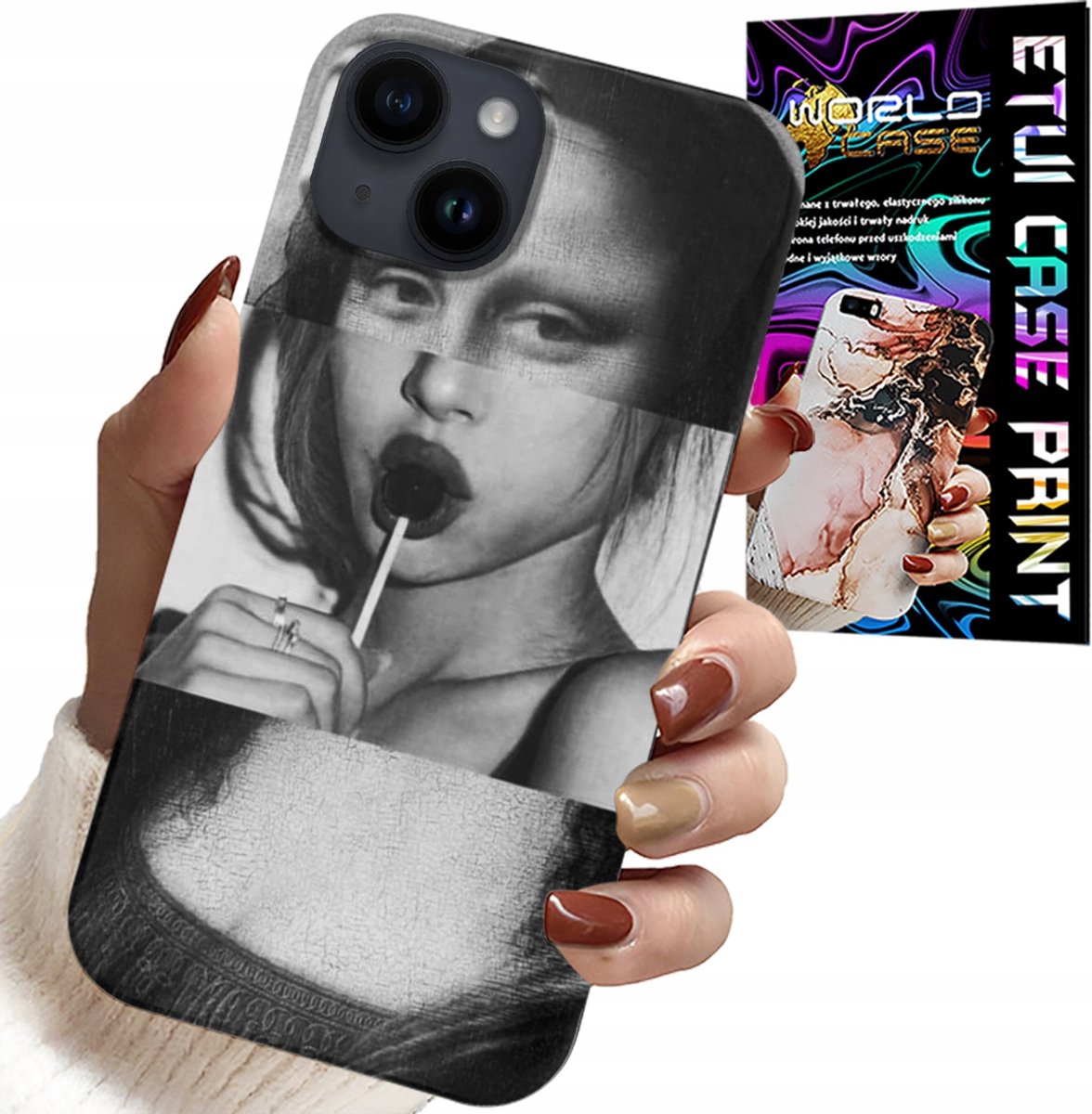 iPhone 14 Plus hoesje - Mona Lisa met lolly, modieus patroon