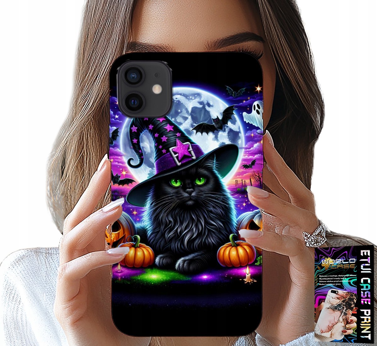 iPhone 12 Mini hoesje - Zwart Kitty Halloween Salem Pompoenpatroon