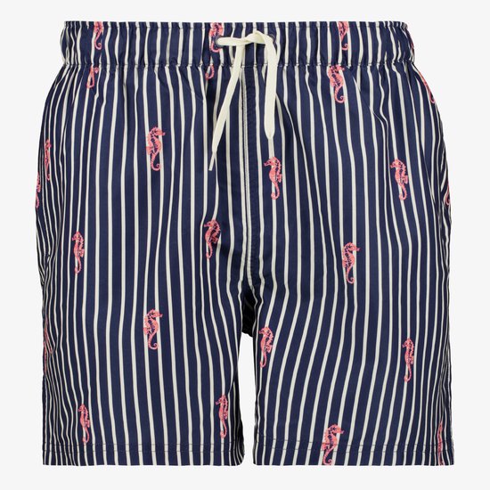 Avant d'un short de bain bleu foncé à rayures verticales blanches et imprimé hippocampe rose.