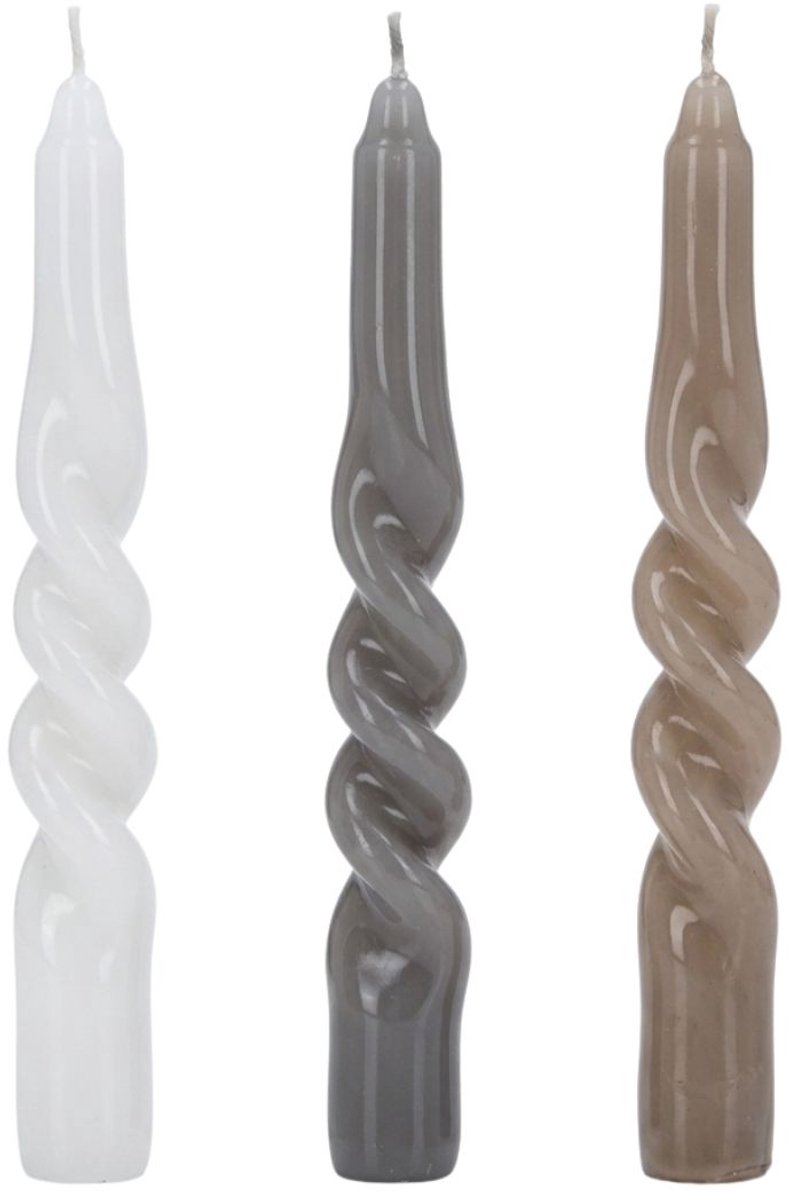 arti casa Gedraaide Dinerkaarsen Twist - Set van 3 Stuks - Neutrale Kleuren Lichtbruin, Grijs en Wit - Brandtijd Ca. 6 Uur - Hoogte 25 cm - Sfeervolle Tafeldecoratie