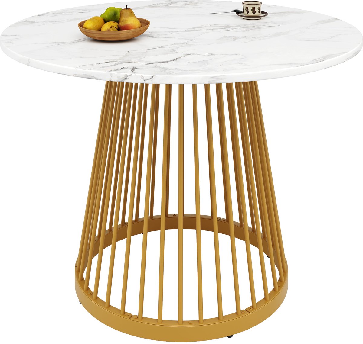 Merax Ronde Eettafel 80 cm - Keukentafel en Eetkamertafel - MDF Tafelblad met Marmerlook - Goudkleurig Metalen Onderstel - Voor 4 eters