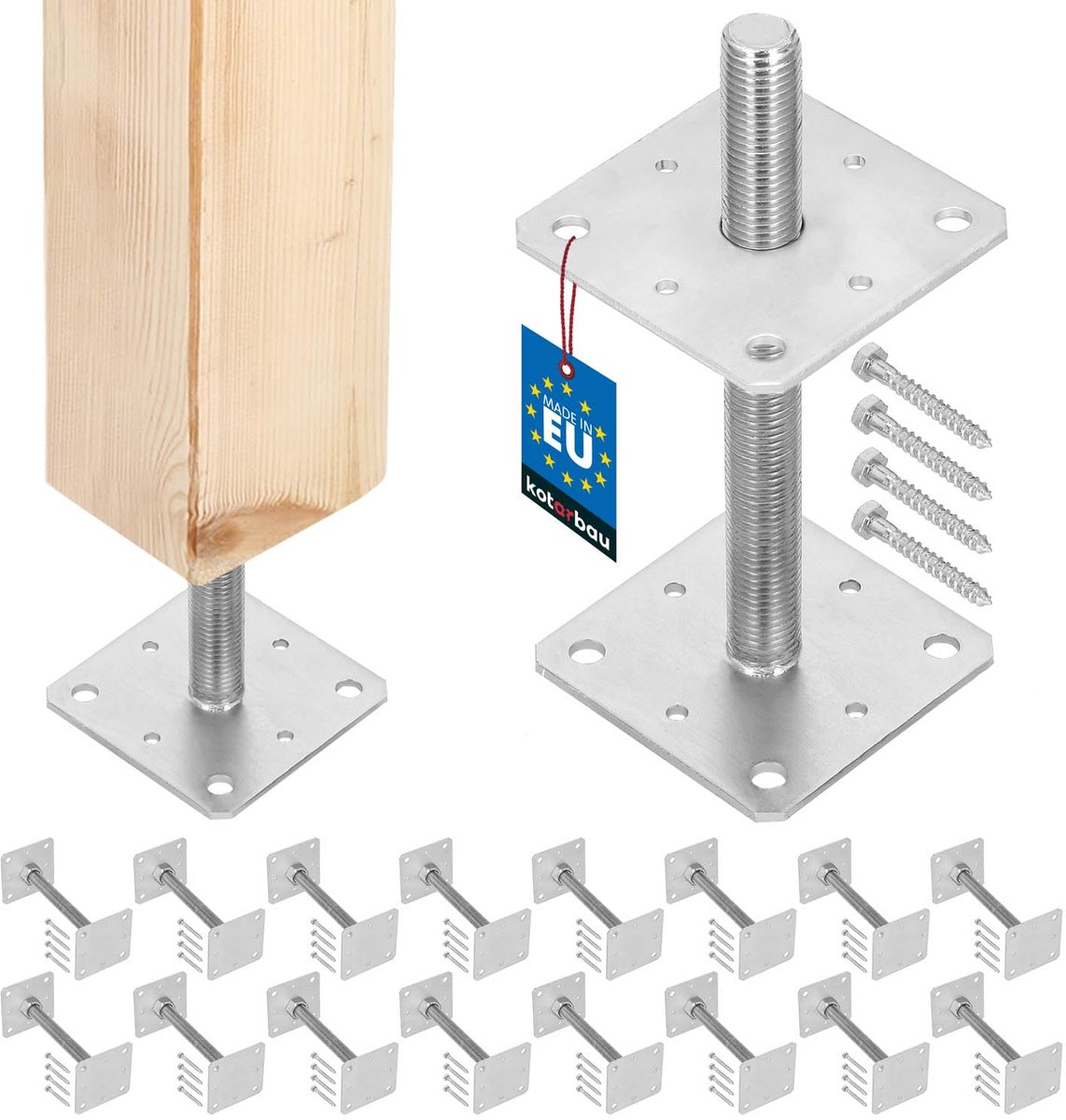 KOTARBAU® 16 stuks Paalhouder, Paalvoet, Verzinkt Staal, 110 x 110 x 250 mm, M24, Zilver, Paalsteun, Regelbare Paalhouder, voor Beton, Verstelbare Paalvoet, Gegalvaniseerde Paaldrager