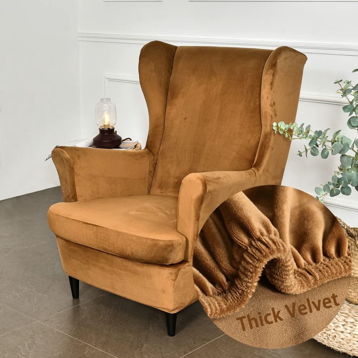 Famanu vleugelstoel hoezen. 2 - delige stretch vleugelstoel hoes in een modieuze effen kleur. Fluwelen Strandmon bankhoes. Meubelbeschermer voor fauteuil stoelen voor woonkamer - slaapkamer of hotel - lichtbruin (Camel)