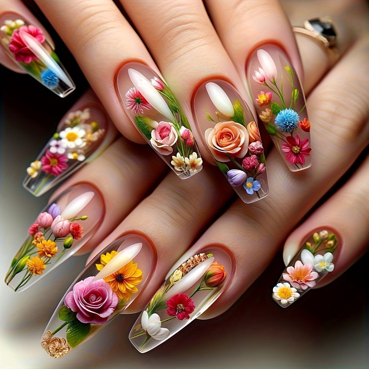 Middellange transparante nagels - kleurrijk bloemenpatroon - bloemblaadjesdesign - 24 stuks