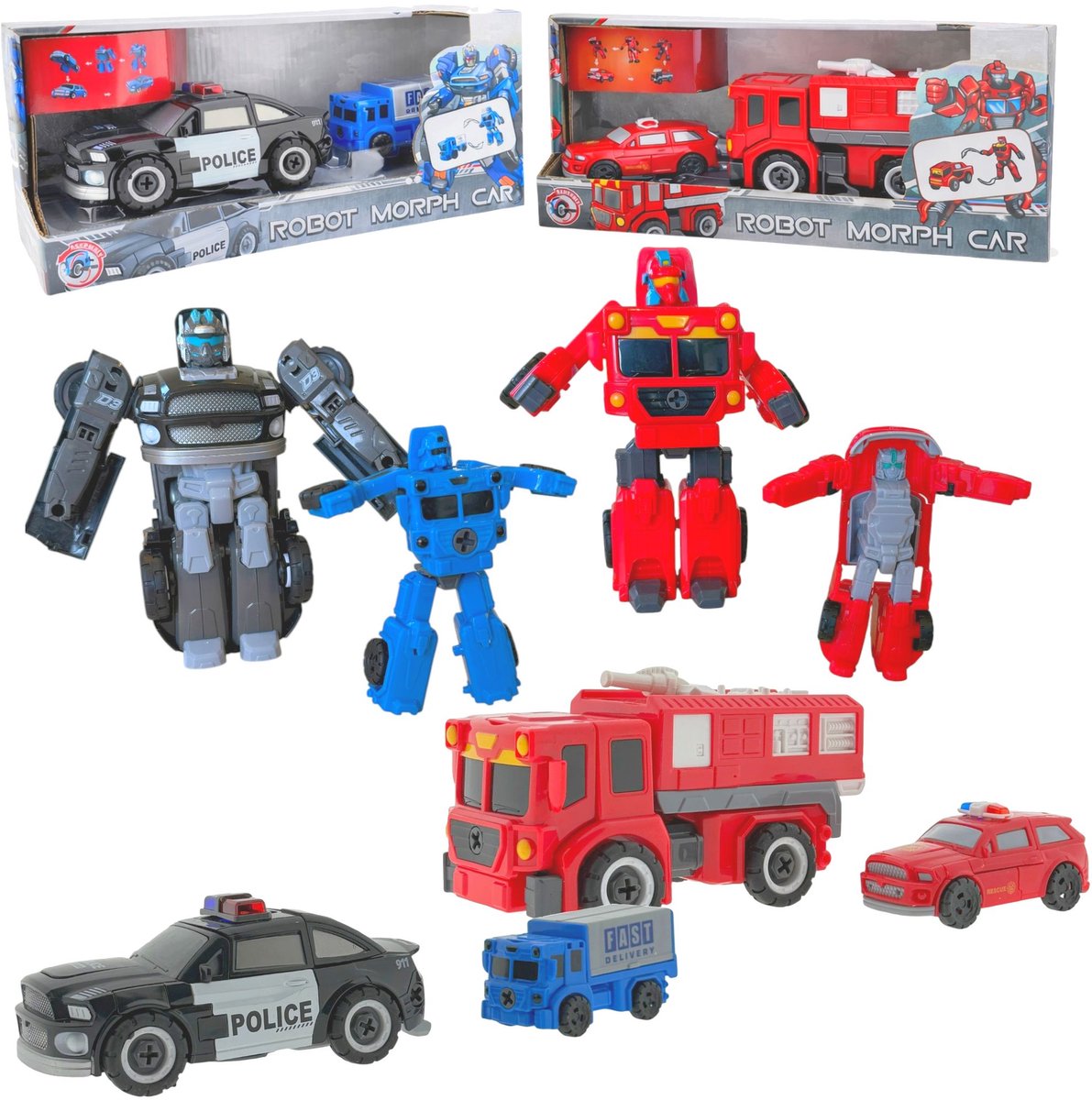 Transformers Robot Auto Speelgoed – Complete Set Politie, Brandweer & Rescue – 4 Transformeerbare Voertuigen – Kinderspeelgoed