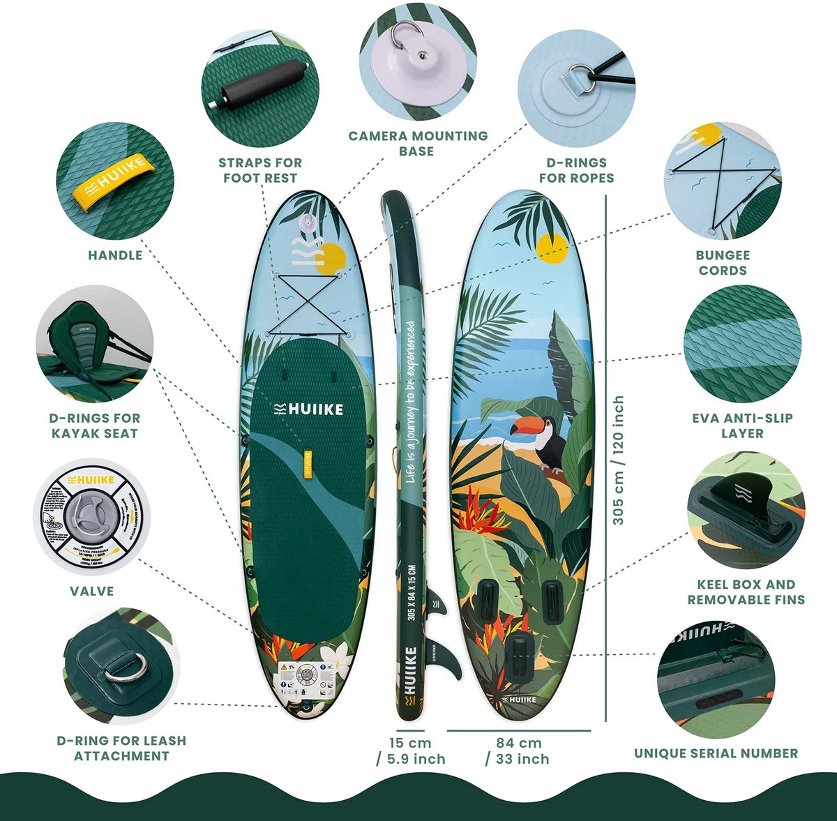 HUIIKE SUP Board - Opblaasbaar Paddle Board met Accessoires, Peddel, Vinnen, Pomp - Stand Up Paddle met Hoge Stabiliteit - 305 x 84 x 15 cm - Max. 130 kg – foto 3