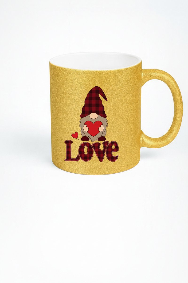 Glitter Gouden Mok met Liefde Kabouter, Plaid Design en Hart - Valentijn Cadeau