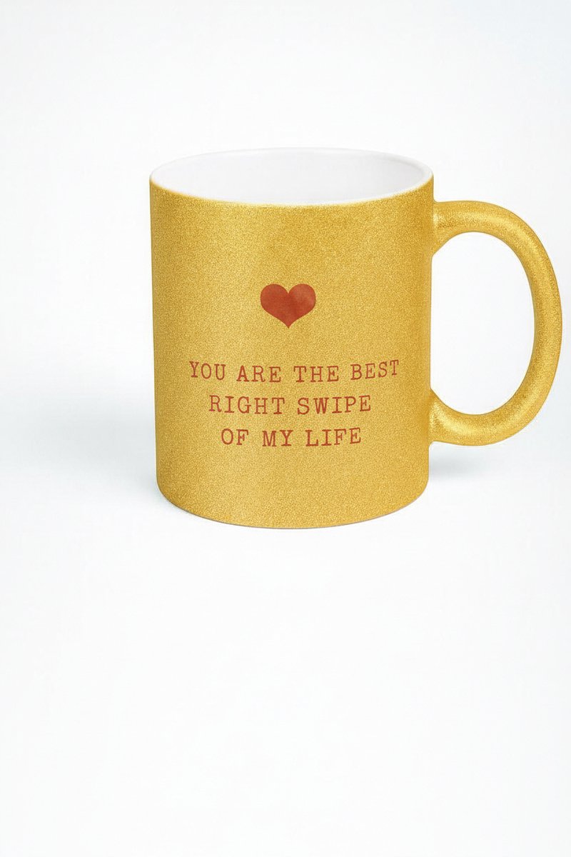 Gouden Glitter Mok 'Best Right Swipe' met Hartje - Romantisch Cadeau