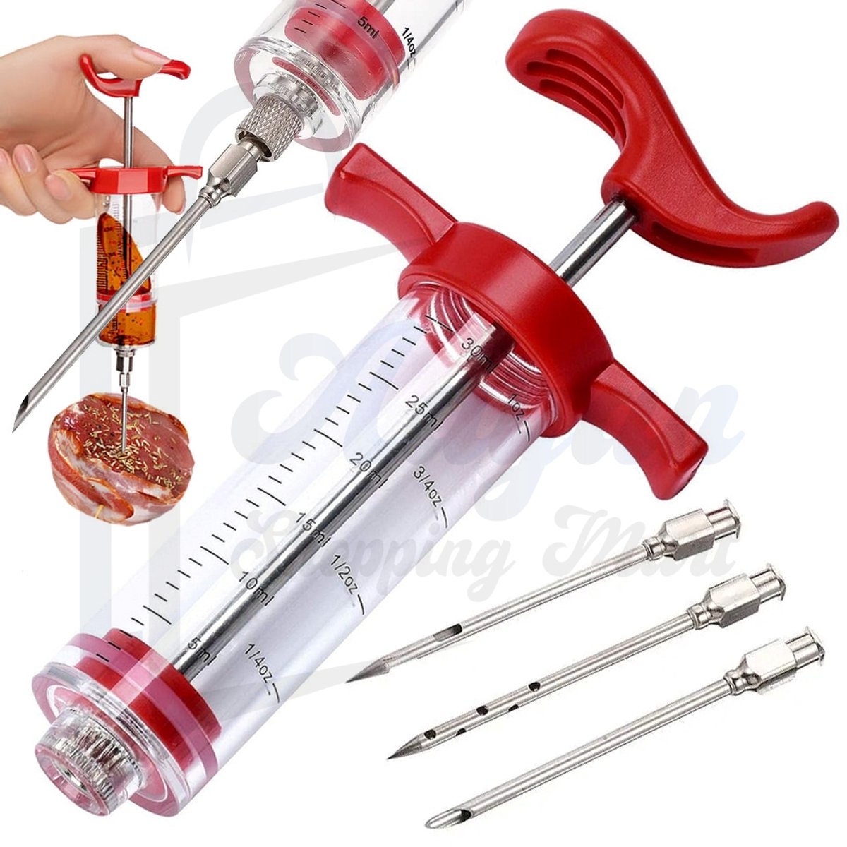 Vlees Injectiespuit 30 ml – Voor Marineren & Pekelen – Met 3 RVS Naalden – Marinades & Brines – marinade injectiespuit – vleesklauwen – marinade injector – 69197
