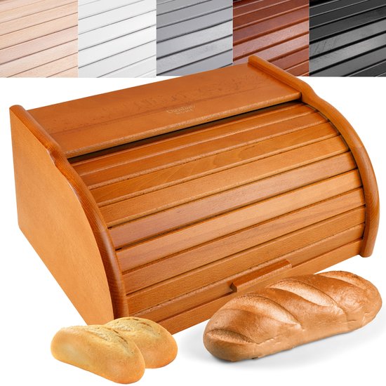 Boîte à pain en bois Creative Home | 40 x 27,5 x 18,5 cm | Bois de hêtre naturel avec Laque couleur aulne | Conteneur avec Rolltop | Boîte à pain pour chaque Cuisine | Perfect pour les aliments secs