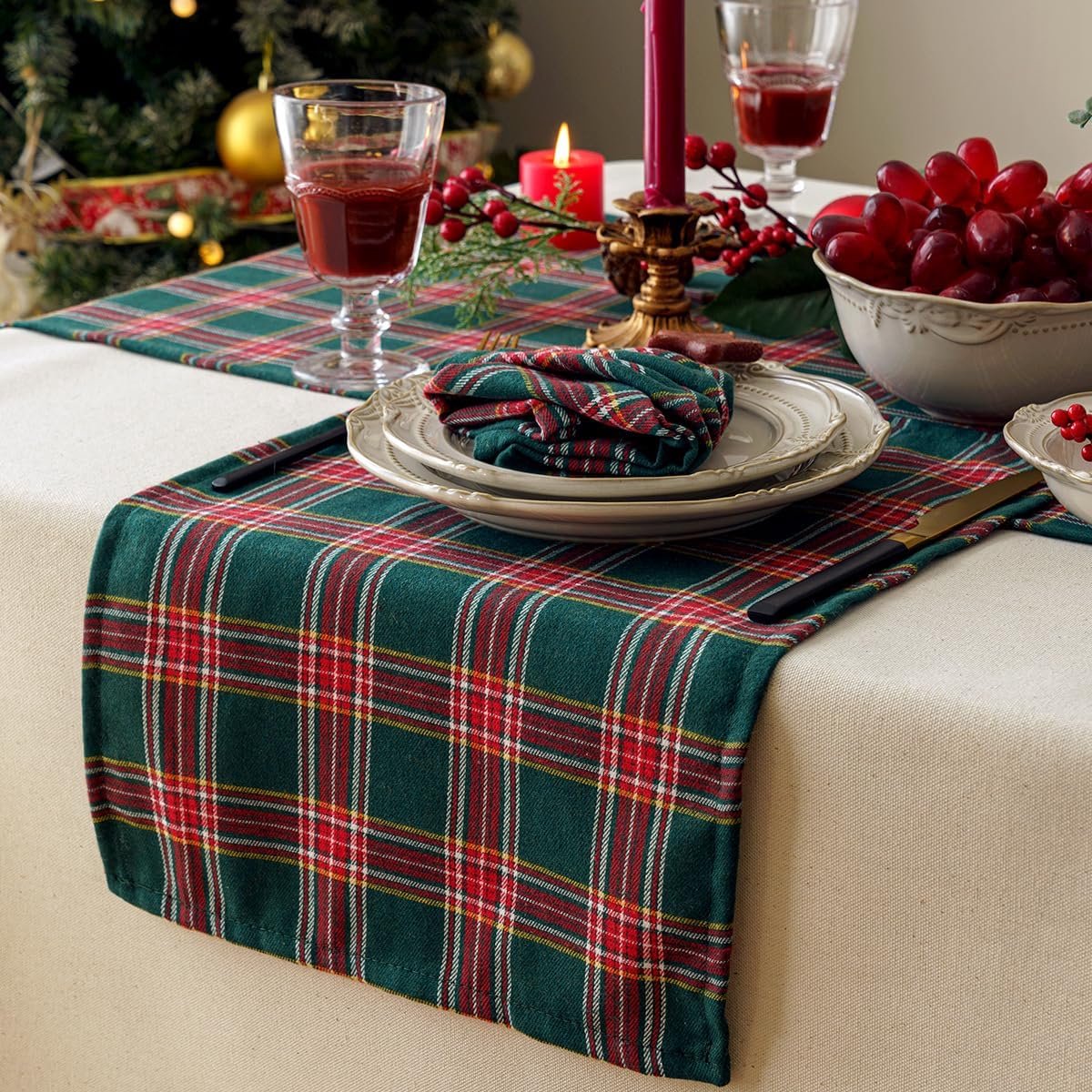 Kerst Tafelloper Rood Groen Geruit 220 cm voor Kerstboom en Eettafel Decoratie