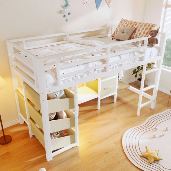 Lit mi-hauteur 90x200 cm - avec éclairage LED - avec assise - tiroir de rangement - sac de rangement en tissu - zone de crochets pour vêtements - sans matelas - blanc