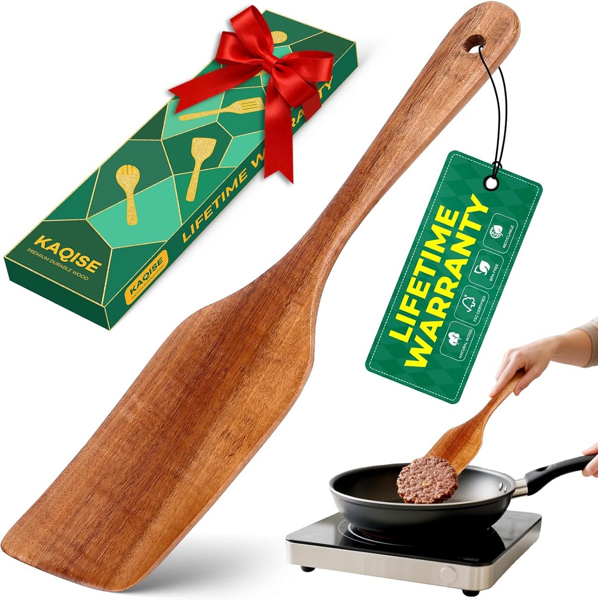 Houten Spatel met Lange Steel - Hittebestendig & Antiaanbaklaag Veilig