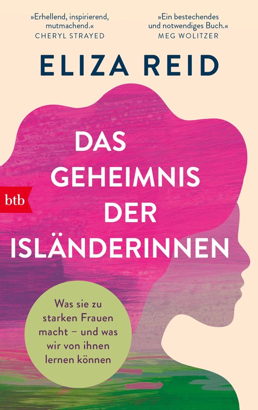 Boekomslag van Das Geheimnis der Isländerinnen door Eliza Reid. Met roze en paarse aquarelverf textuur en gele cirkel met tekst.