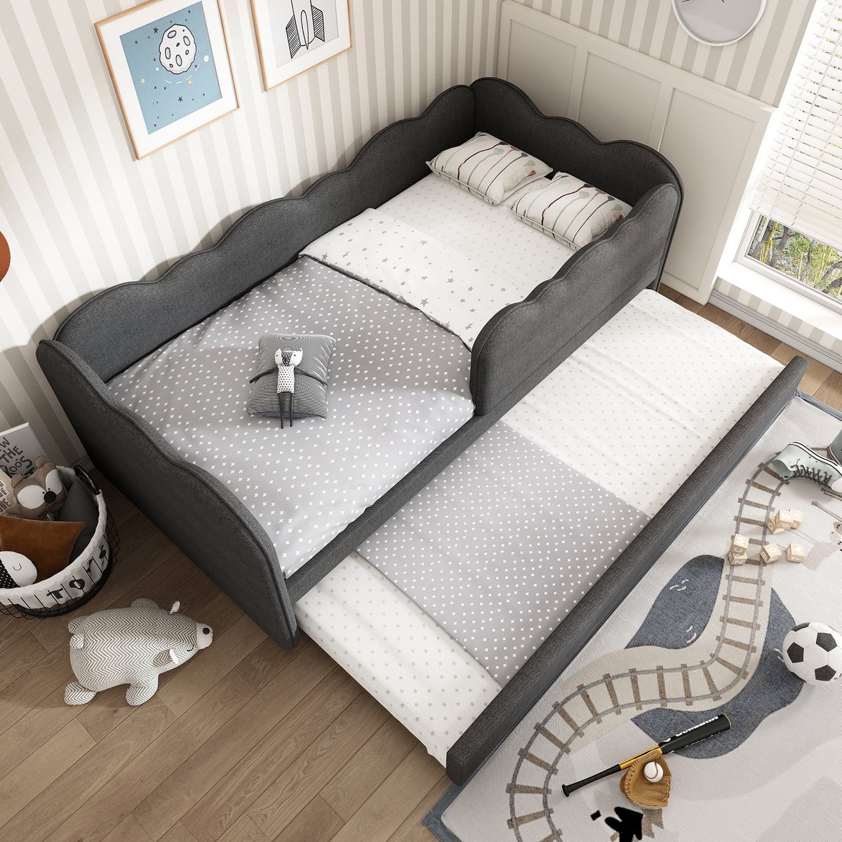 REDOM Bedbank 90x190 cm van linnen – Met uitschuifbed, wolkvormig design en verwisselbare zijkanten – Grijs