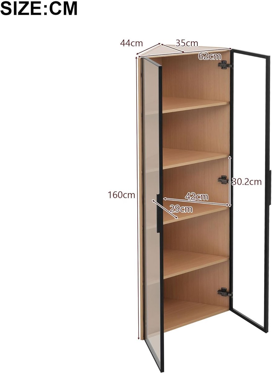 Glazen LED-vitrine – Casa Velluto DisplayCab 160 cm – Eiken Houten Vitrinekast met Gehard Glas, Soft-Close Deuren en Geïntegreerde LED-verlichting – Verzamelvitrine, Boekenkast, Wijnkast, Kunst- en Modelpresentatie – 62x35x160 cm