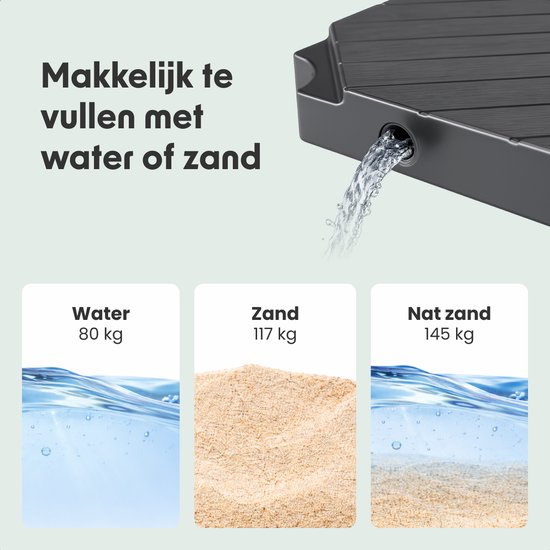 Illustratie van het vullen van een parasolvoet met water (80 kg), zand (117 kg) of nat zand (145 kg).
