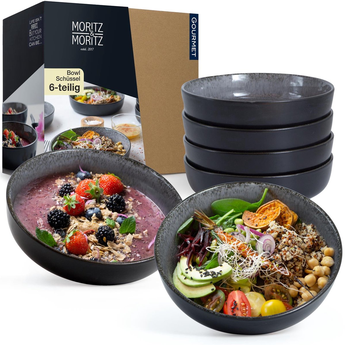 Moritz & Moritz Kommenset 6-delig – Smoothie- & Buddha bowls van porselein – Antraciet – Ø 19 cm
