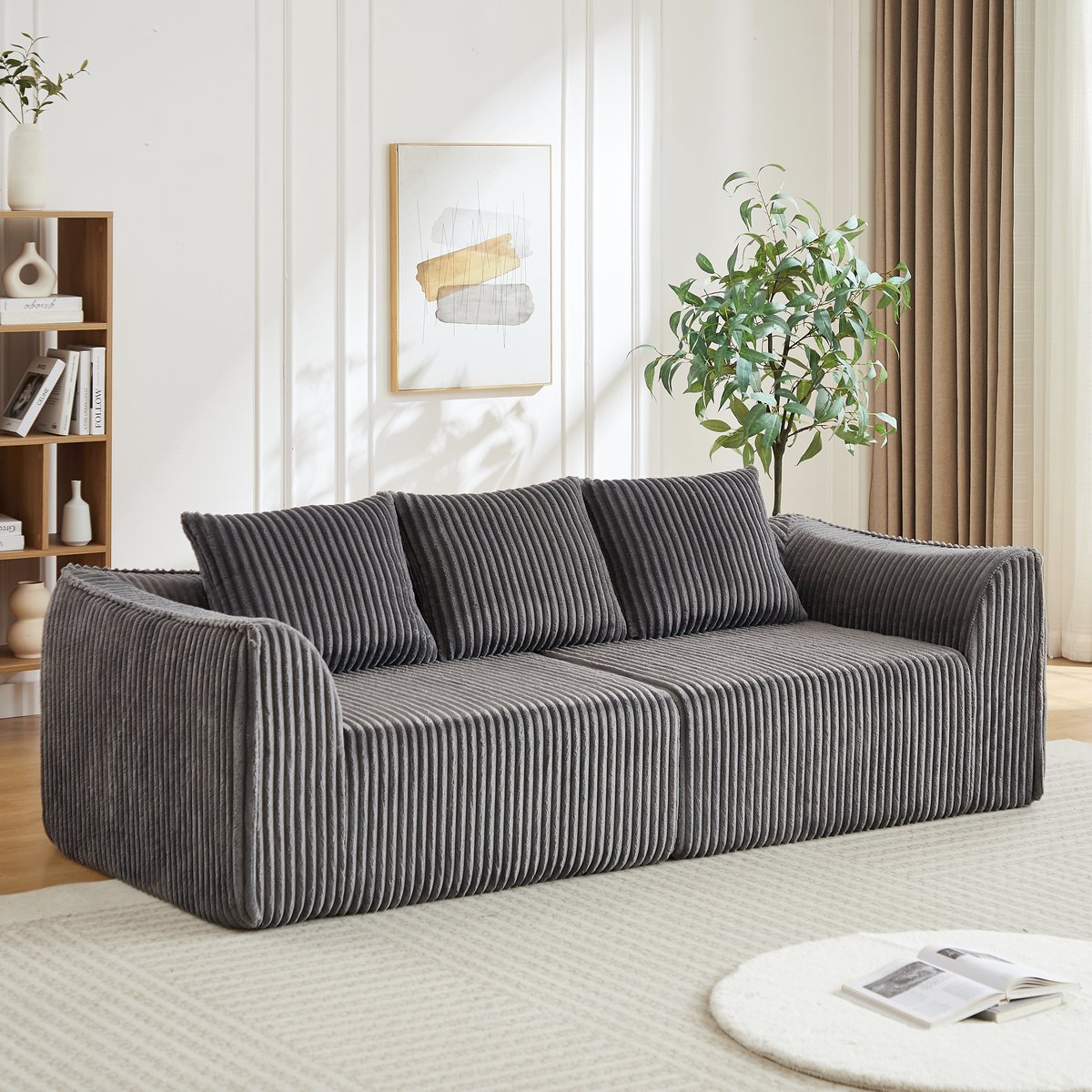 HAUSS SPOLE Modulaire Zitbank Met Kussens - Zachte Ribstof Met Brede Zitting - Afgeronde Lijnen Voor Woonkamer En Appartement - Ribstof Grijs