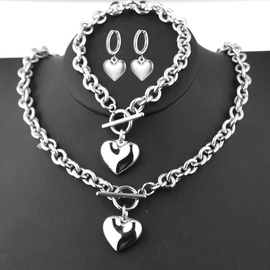 My Sweet Romance® 4-delige sieradenset – Goudkleurige 3D-hart hangers – Ketting, armband en oorbellen – Hypoallergeen roestvrij staal