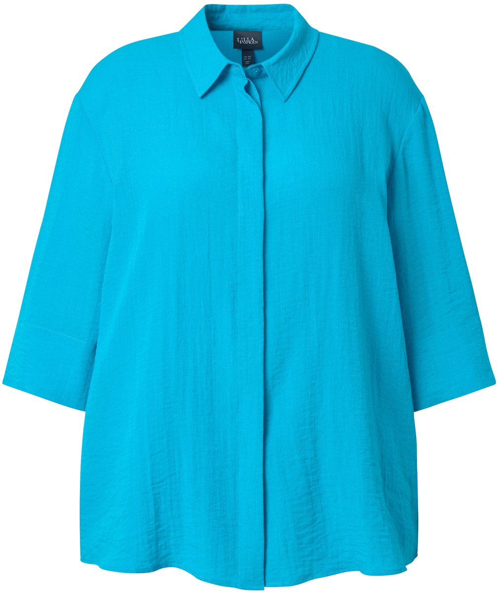 Ulla Popken - Dames - Overhemdblouse achterplooi overhemdkraag 3/4-mouwen - Aqua turquoise - Maat 50+
