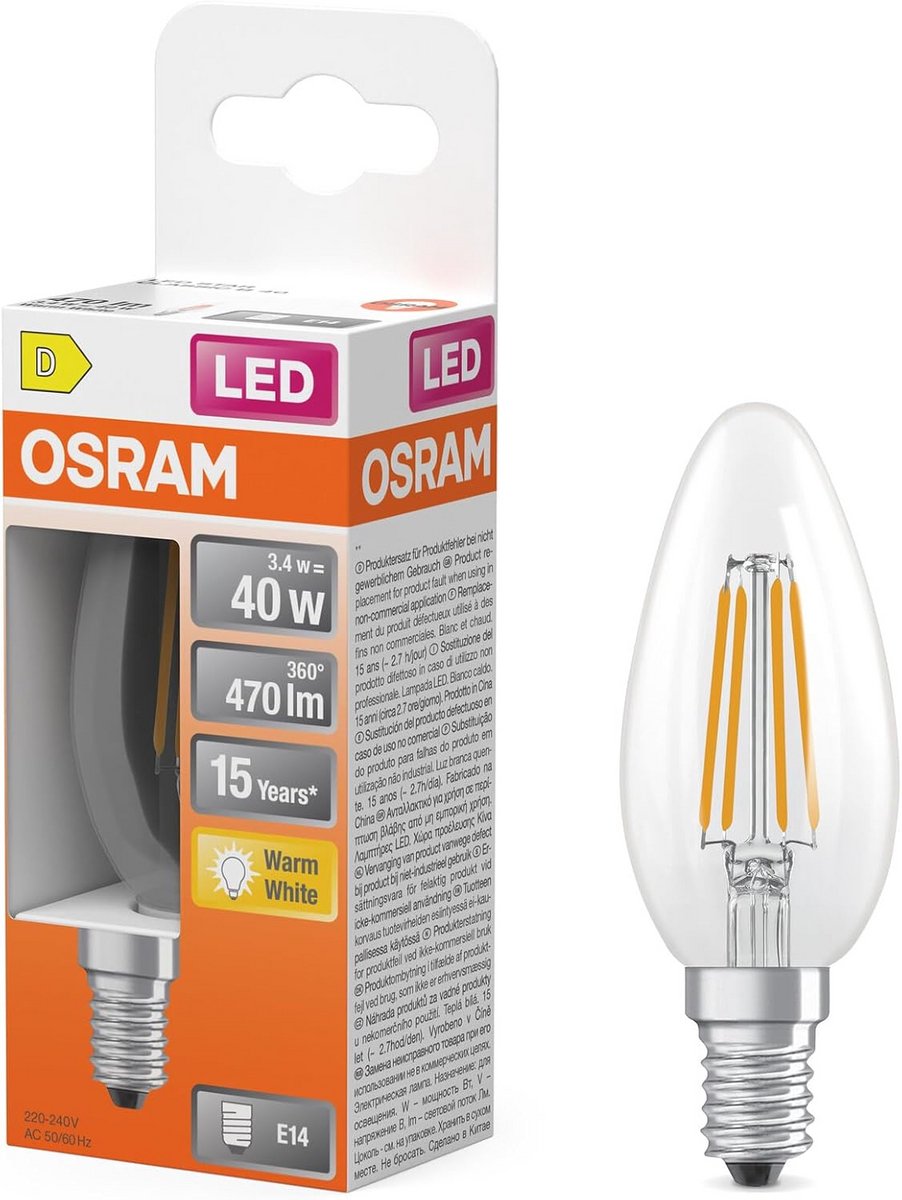 LED Filamentlamp E14 Kleine Fitting 3.4W Warm Wit Dimbare Kaarslamp