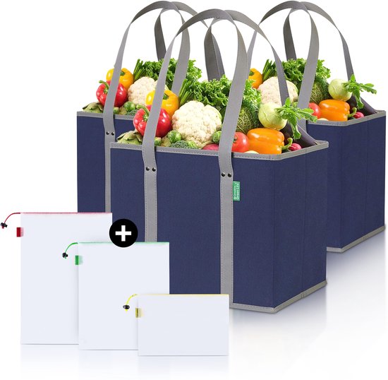 Savia Sac à provisions 3 pièces Solide Pliable – Avec 3 Pochettes Organisatrices - Grand Cabas Panier à provisions & Panier de magasin – Ensemble de sacs à provisions – Panier de pique-nique – Caisse à provisions / Caisse pliante Alternatif