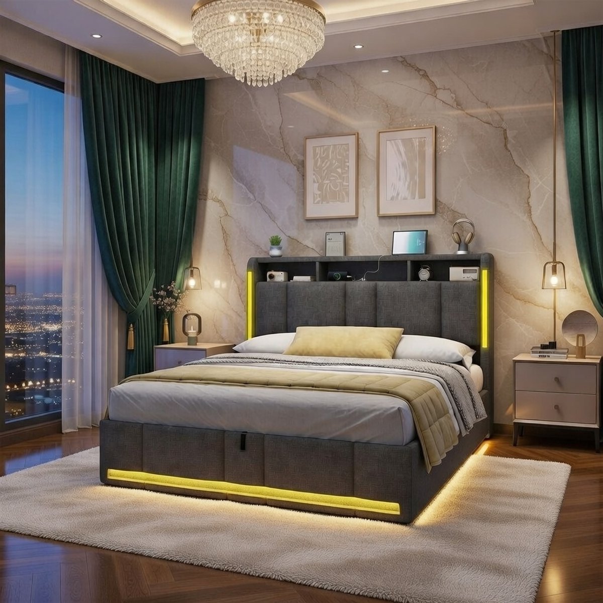 Luxuria Hydraulisch Opbergbed 140x200 cm - Gestoffeerd Tweepersoonsbed met LED verlichting, USB & Type-C Oplaadstation, Hoogwaardig Linnen, Modern Design, Opbergruimte & Verstelbaar Hoofdeinde - Donkergrijs Casa Serena