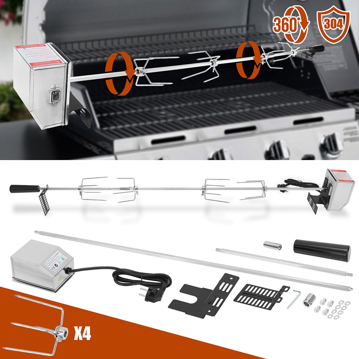 Draaispit 117 cm RVS – Elektrische Rotisserie Set met Motor en 4 Klemmen