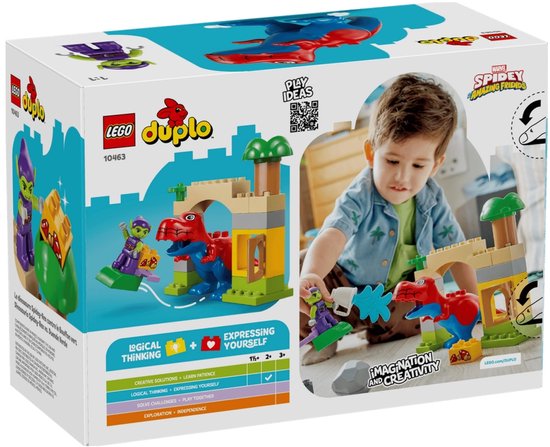 Doos van LEGO Duplo Spidey-Rex vs. Green Goblin met kind en speelgoed.