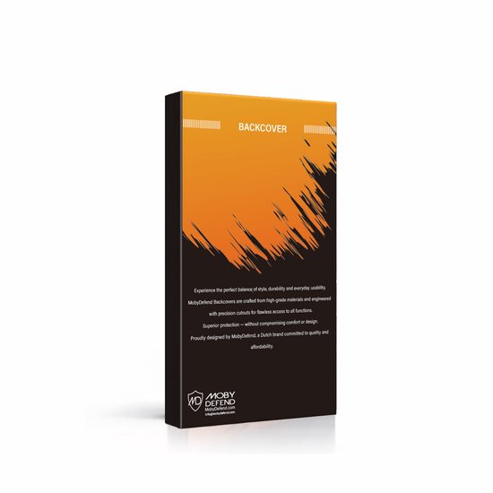 Packaging of a black phone case with orange and black graphic elements.
