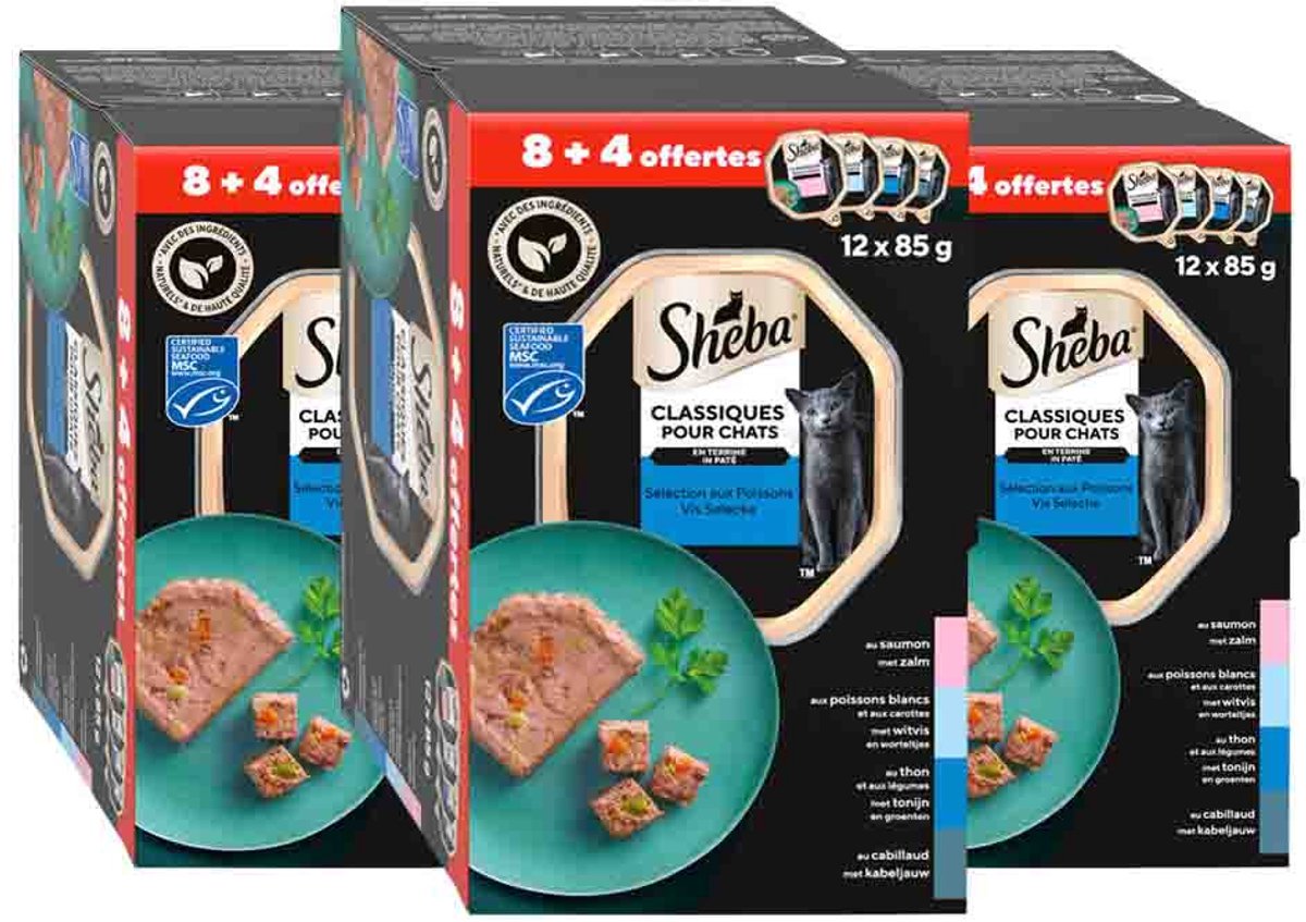 Sheba Sheba Kattenvoer Nat Classic Paté Vis Selectie Multipack - 3 x 12x85 gr - Voordeelverpakking