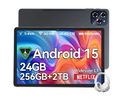 TABWEE Tablet - W90 Tablet - 8000 mAh - 11 Inch - 24GB RAM - 256GB ROM - met over-Ear hoofdtelefoon - Android 16 - WiFi 6 - Dubbele Simkaart - NETFLIX - Grijs