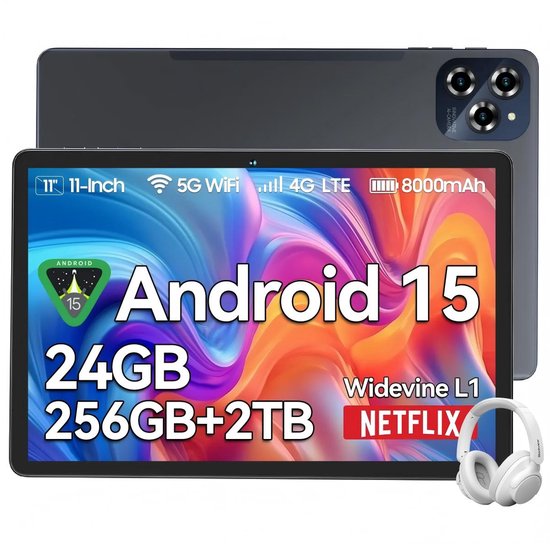 TABWEE Tablet - W90 Tablet - 8000 mAh - 11 Inch - 24GB RAM - 256GB ROM - met over-Ear hoofdtelefoon - Android 16 - WiFi 6 - Dubbele Simkaart - NETFLIX - Grijs